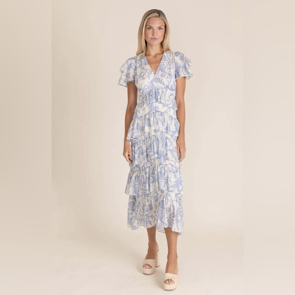 Alden Adair Penelope Ruffle Maxi Dress V-Neck Tiered Flounce Sleeve